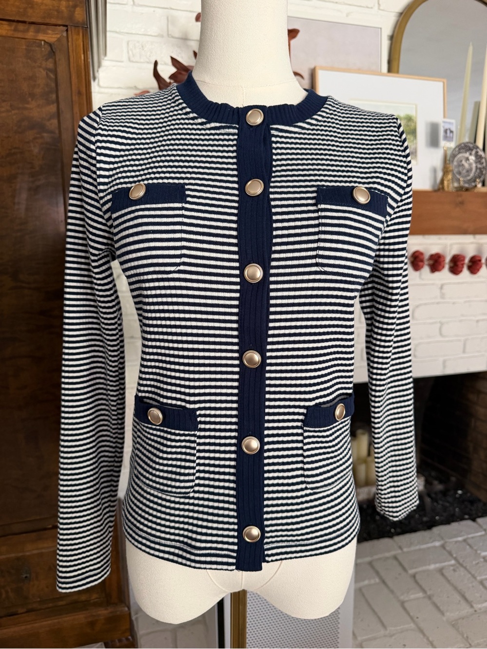 Brand New with Tags Navy & White Striped Button-Front Women's Sweater